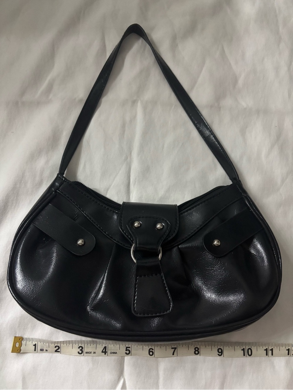 Black Leather Shoulder Bag with Buckle Detail